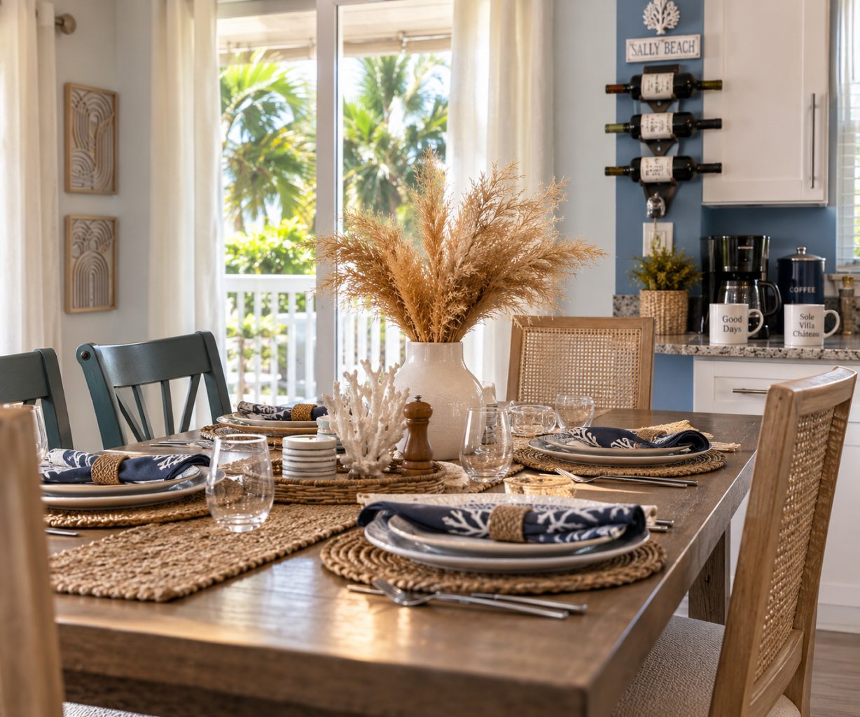 Dining table set for a group at a Treasure Island beach house rental