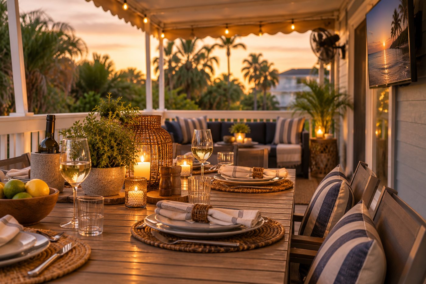 Sunset Beach house in Treasure Island, FL Covered patio glowing at dusk at a Sunset Beach house in Treasure Island, FL