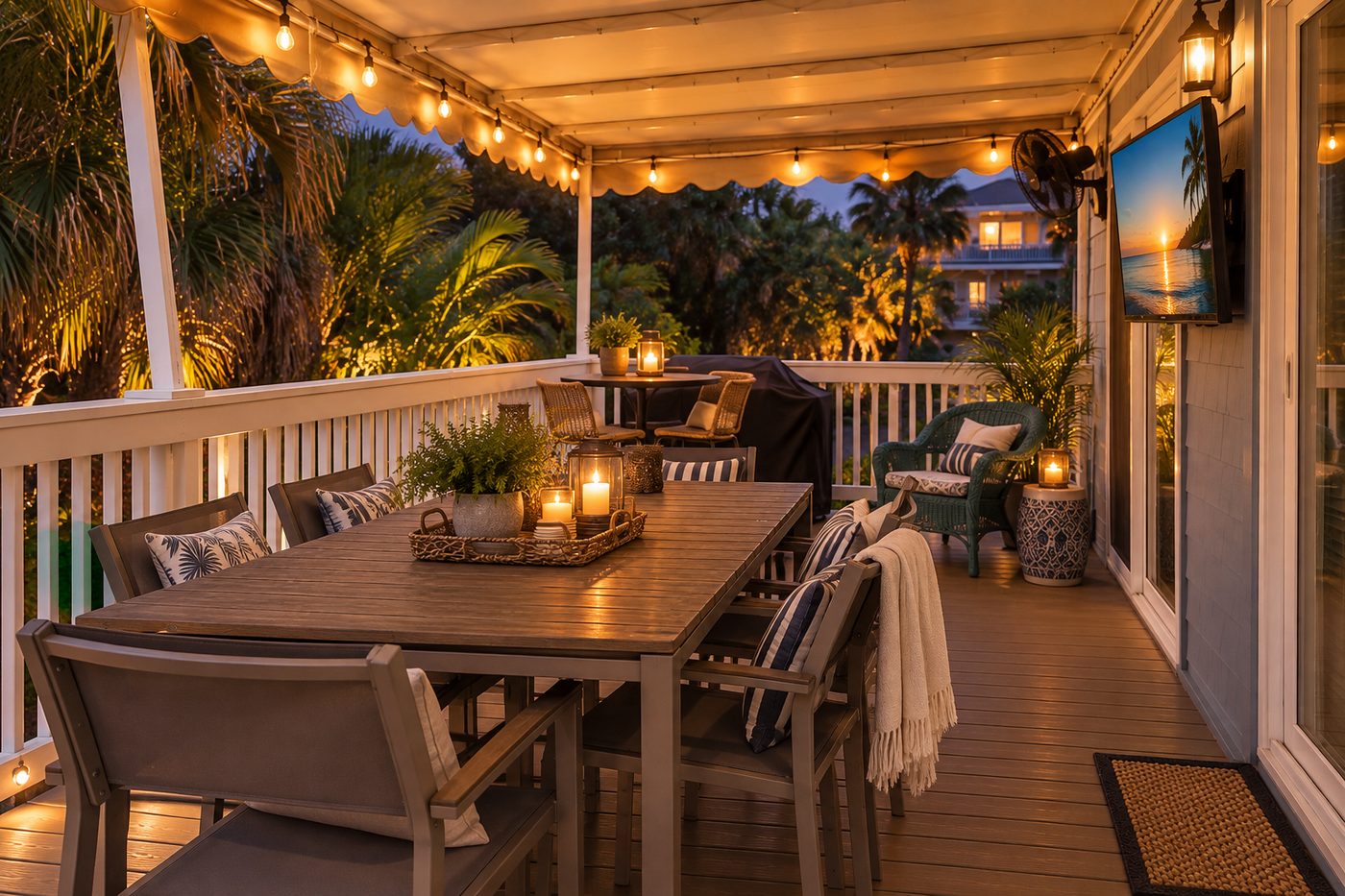 Patio at dusk with string lights at a Sunset Beach, FL vacation rental
