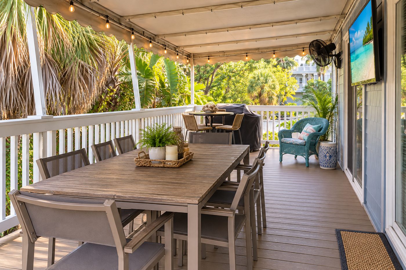 Covered outdoor patio with dining table at a Treasure Island beach house