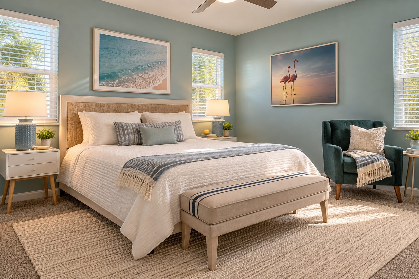 Bedroom with a blue accent wall in a Treasure Island vacation home