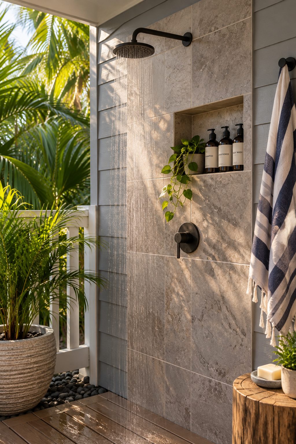 Outdoor shower at a Treasure Island vacation rental near the beach